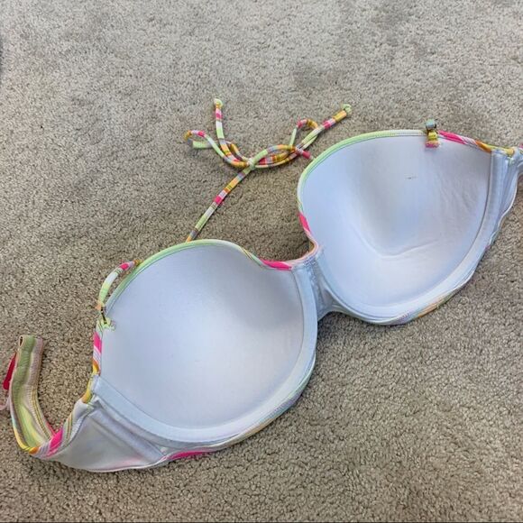 VICTORIA’S Secret neon multicoloured striped bikini top Sz 34DD - Picture 5 of 7